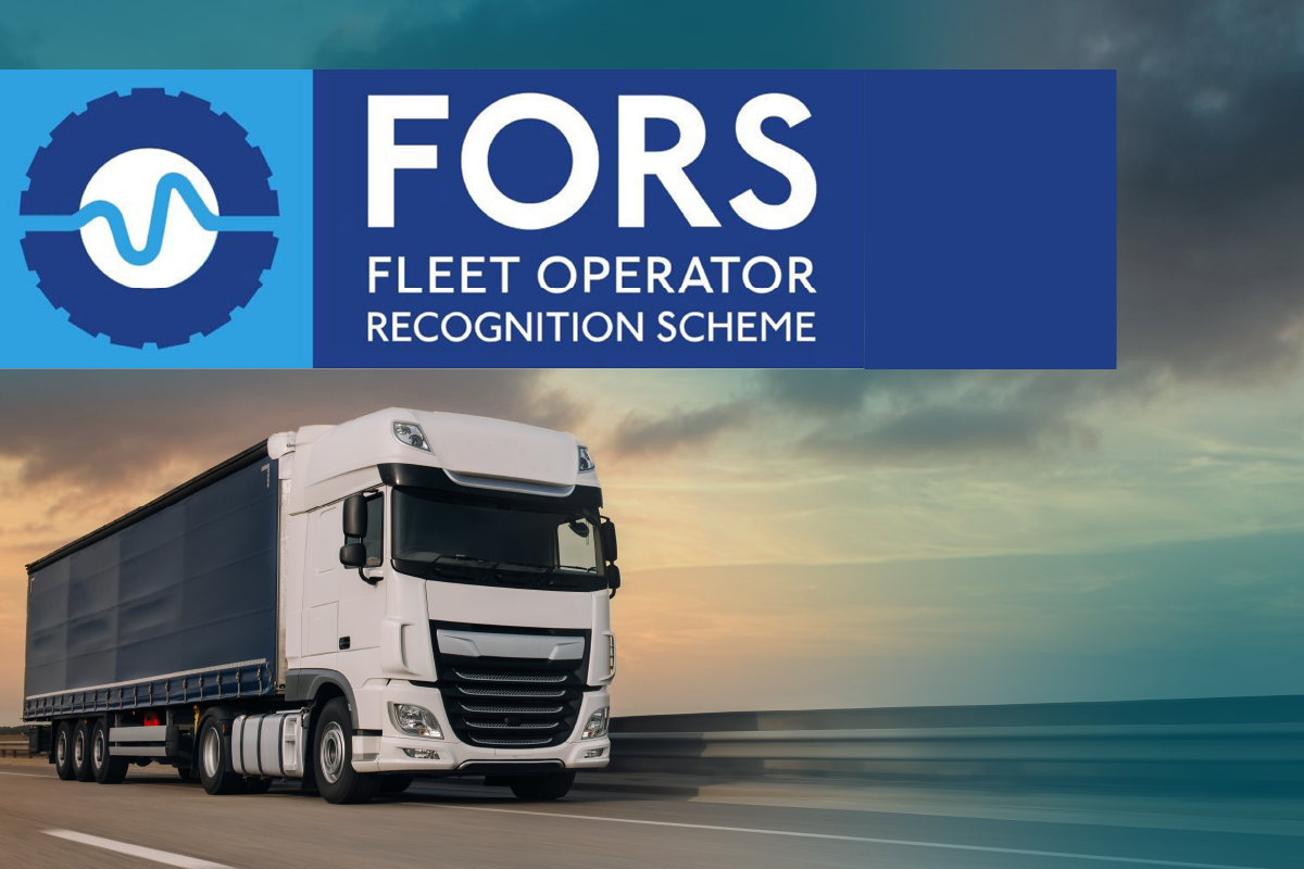 White artic truck with trailer driving on motorway with FORS icon top left on the about page.