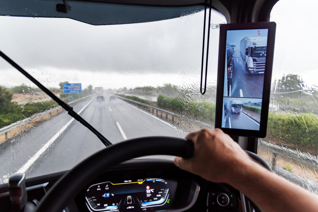 View from the driver's seat of a truck on a highway under heavy rain that prevents good visibility.