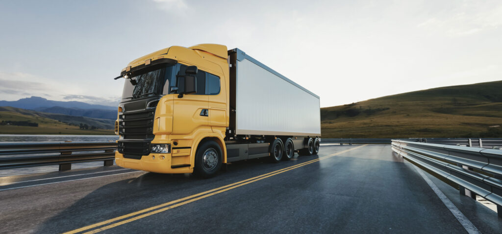 Yellow Truck on Highway at Sunset - 3D Rendering Illustration