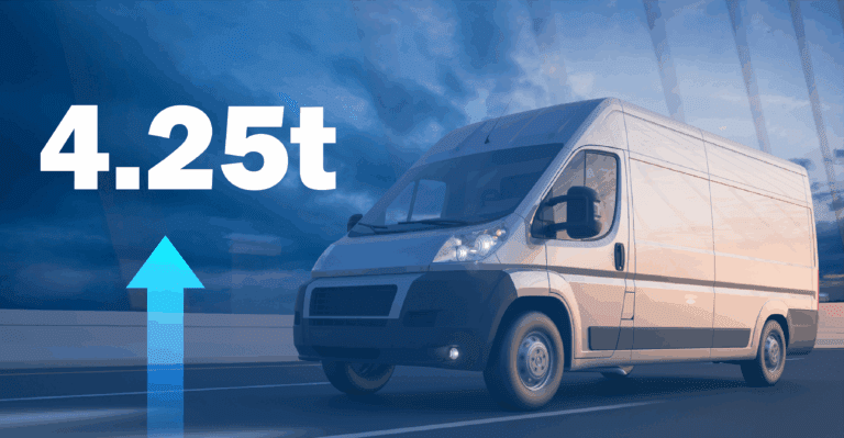 White van driving on bridge with graphic arrow pointed up to the letters 425t - Fleet Witness - Fleet Tracking