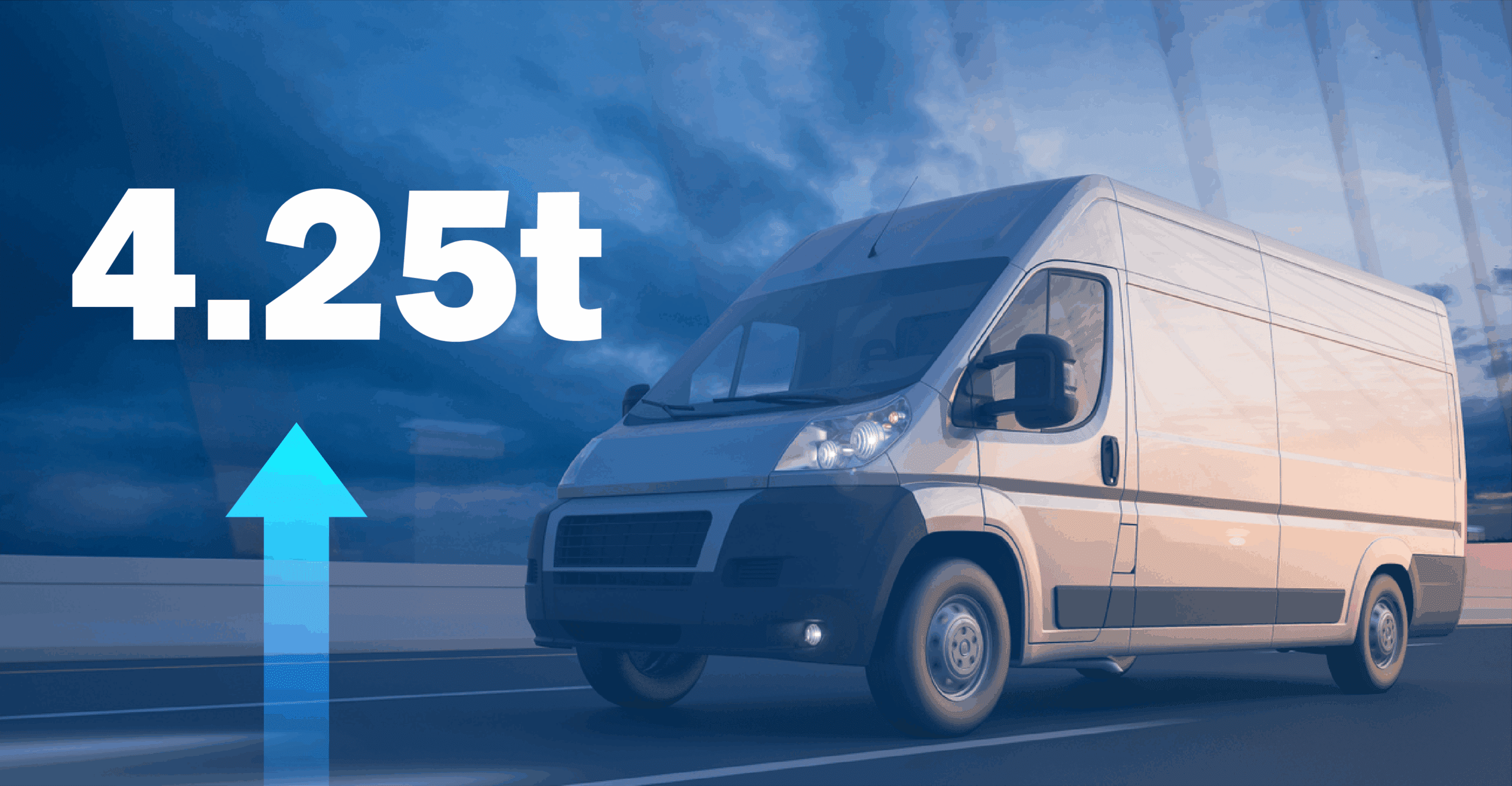 White van driving on bridge with graphic arrow pointed up to the letters 425t