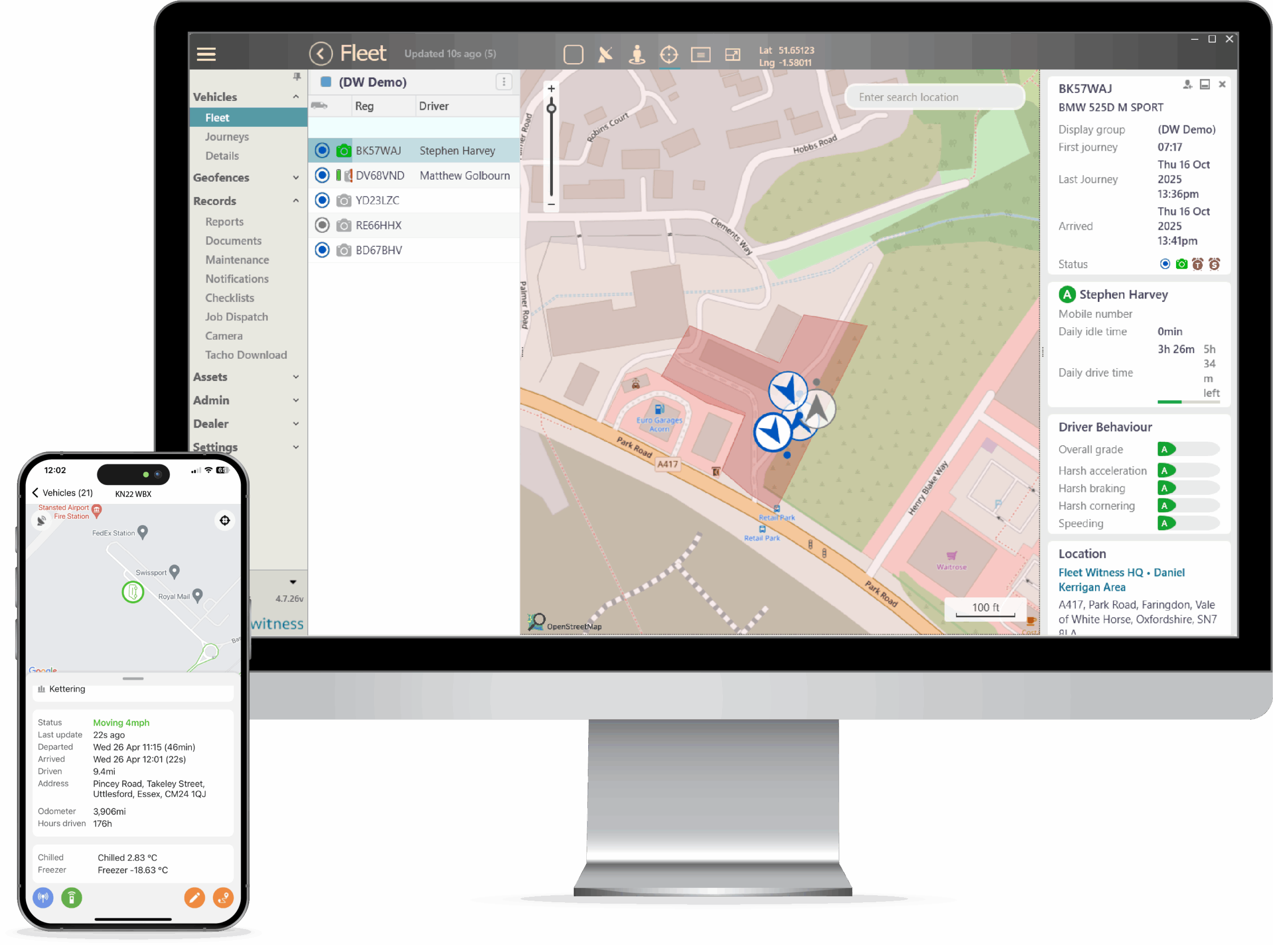 Fleet witness Live mobile and desktop mock-up for vehicle tracking