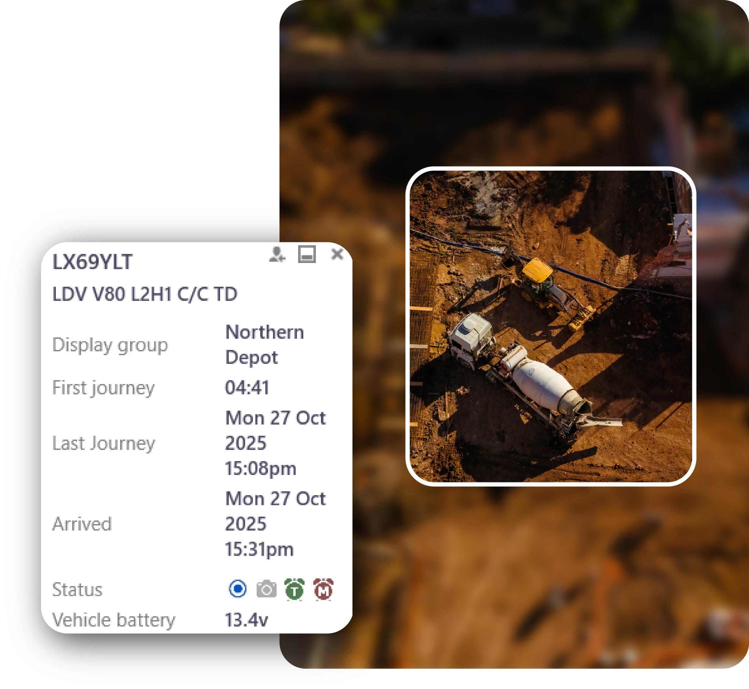 Top aerial view of a construction site with cement mixer truck, machinery and workers
