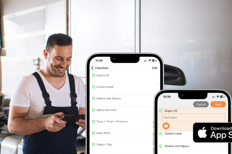 a person standing indoors, smiling and using a mobile device. In the foreground, there are two smartphones displayed on screen