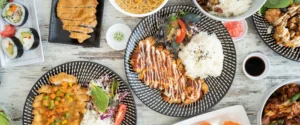 A colourful spread of fresh, beautifully plated Asian-inspired dishes, including crispy katsu, steamed rice, sushi rolls, noodles, and vibrant salads, arranged on patterned plates for an appetising, restaurant-style presentation.