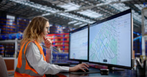 Efficient Woman Managing Multiple Desktop Computers At Logistic Business Center