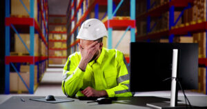 Shocked Engineer In Automated Logistics Warehouse During Ransomware Attack