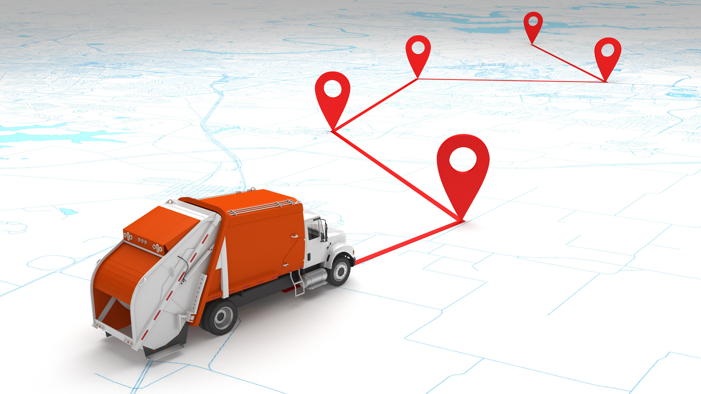 concept garbage truck route on the map. 3d rendering