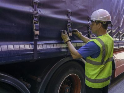 Heavy Goods Driver wearing Protective Safety Clothing Fastening up TIR cables Through the Curtain Buckles on a Curtain Side Articulated Trailer on a Sunny Day.